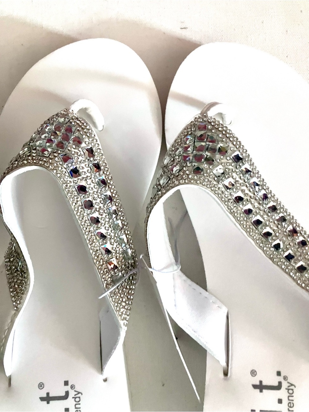White Jeweled T-Strap Sandals - Women's Dress Flip Flops